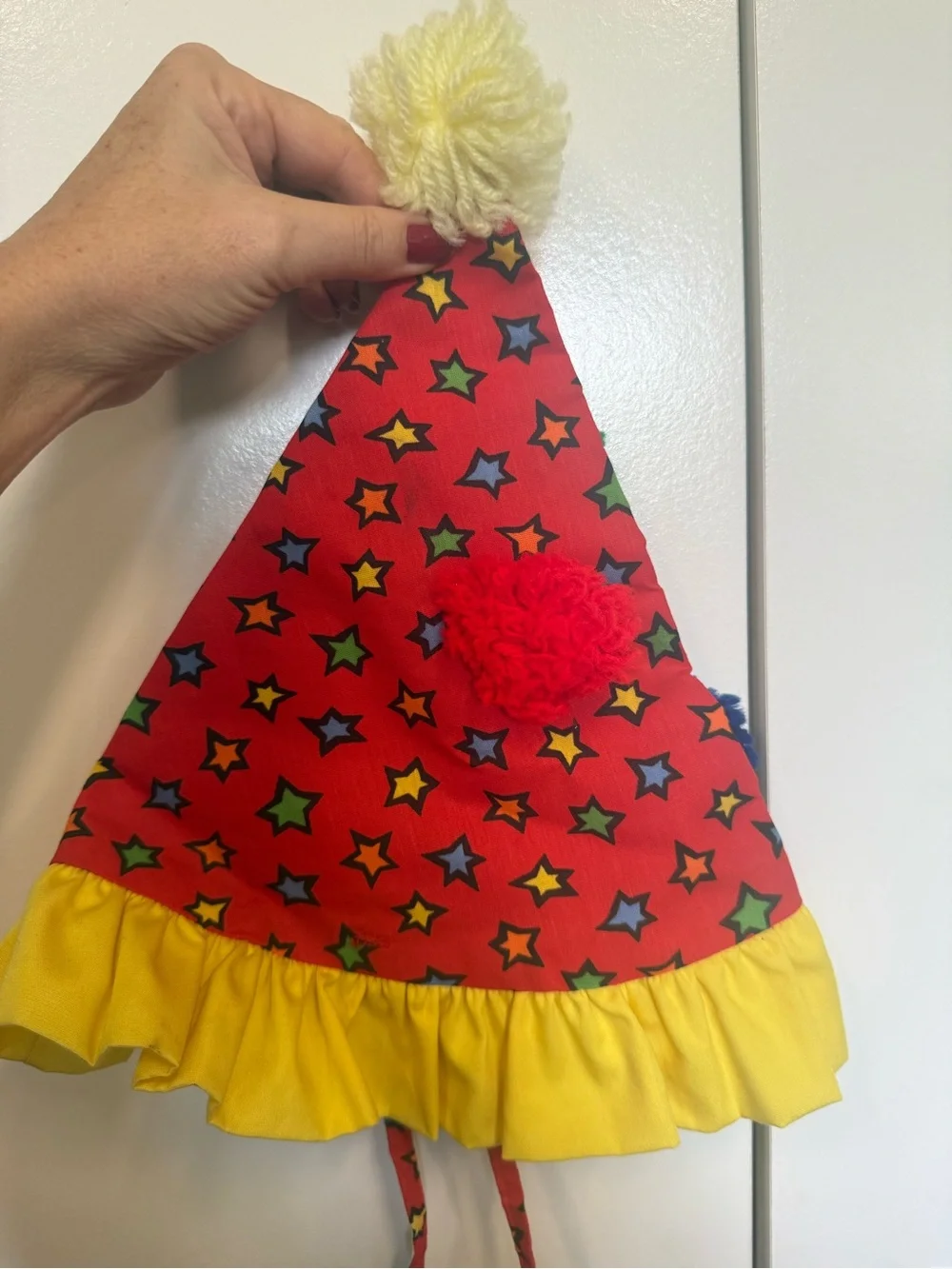 Vintage handmade clown Hat with Yellow Ruffle and Pom-Poms - Halloween, photos